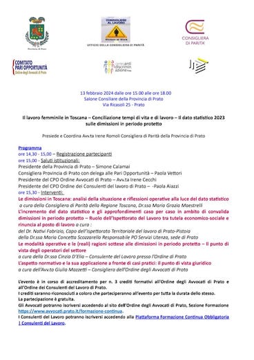 Il lavoro femminile in Toscana - Conciliazione tempi di vita e di lavoro - Il dato statistico 2023 sulle dimissioni in periodo protetto